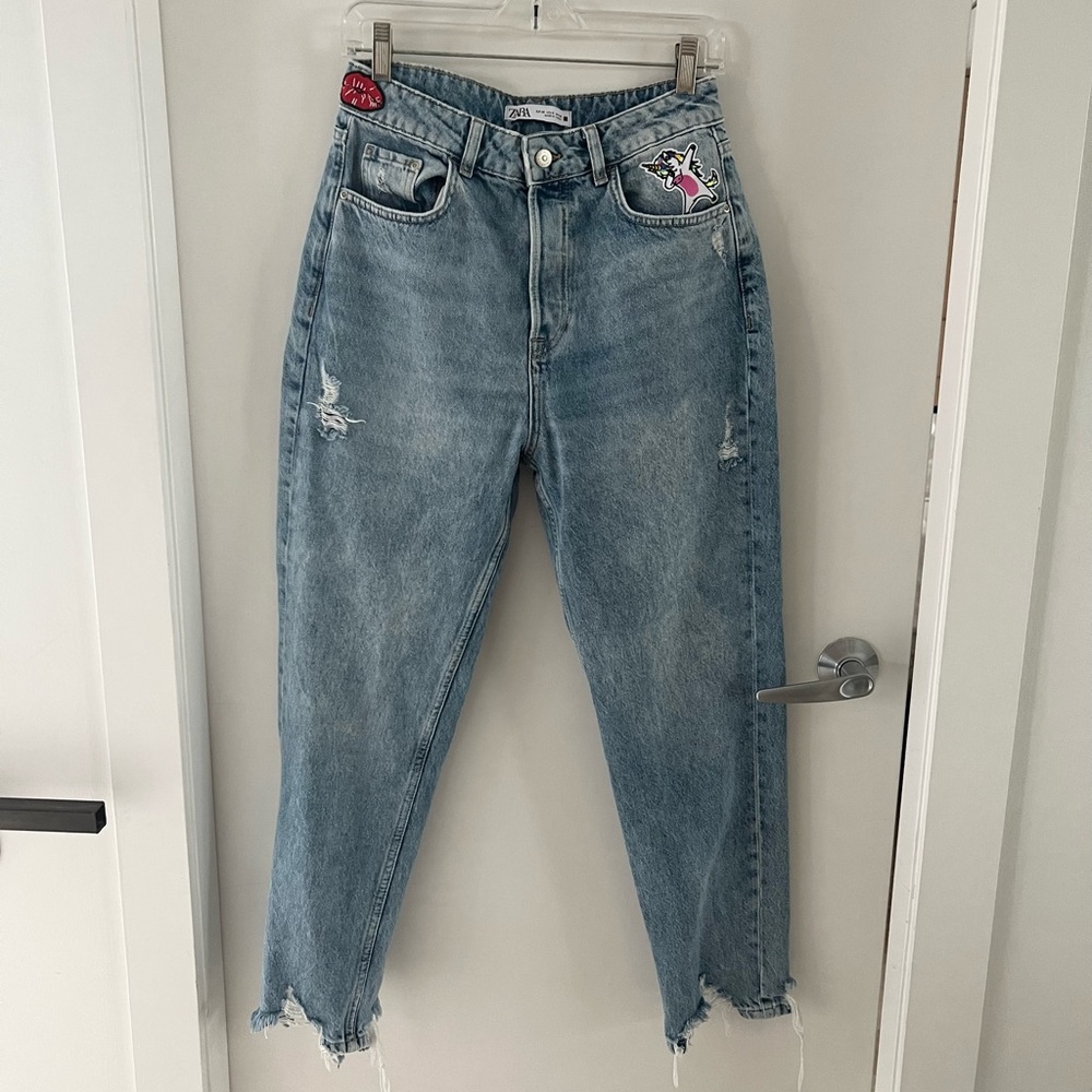 Upcycled β¨ Zara | High Rise Distressed Boyfriend Jeans w/ Patches | 6 - Picture 2 of 7